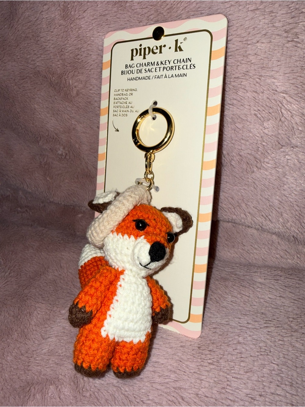 🦊 Piper K Crocheted Orange Fox Bag Charm with Gold Ring